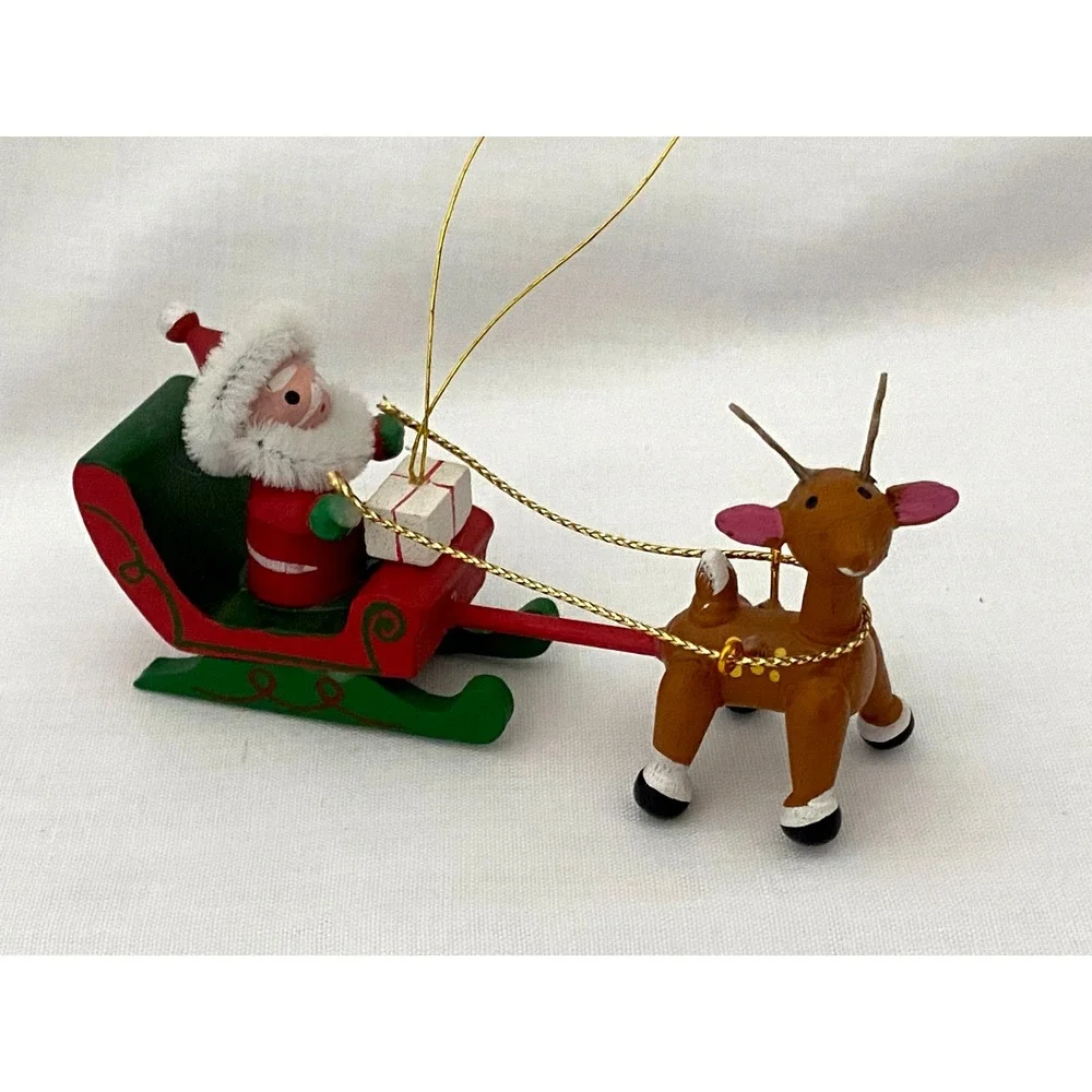 Vintage Painted Wooden Christmas Ornaments ~Rocking Horse Angel Santa Sleigh